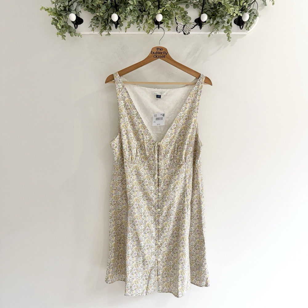 American Eagle Pastel Floral V Neck Sleeveless Babydoll Mini Dress linen XL new